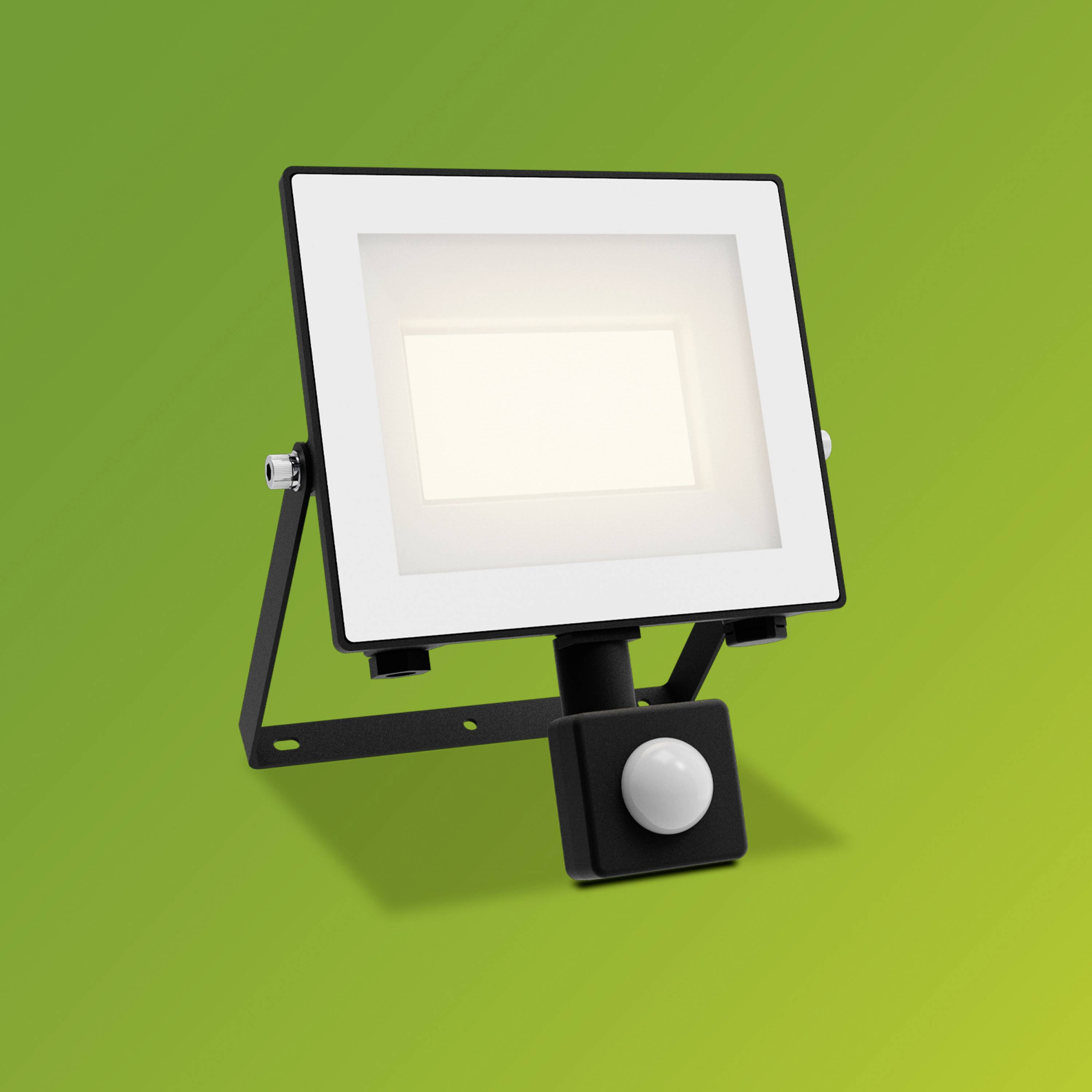 A rectangular LED floodlight on a green background, with a white frame and motion sensor mounted underneath.