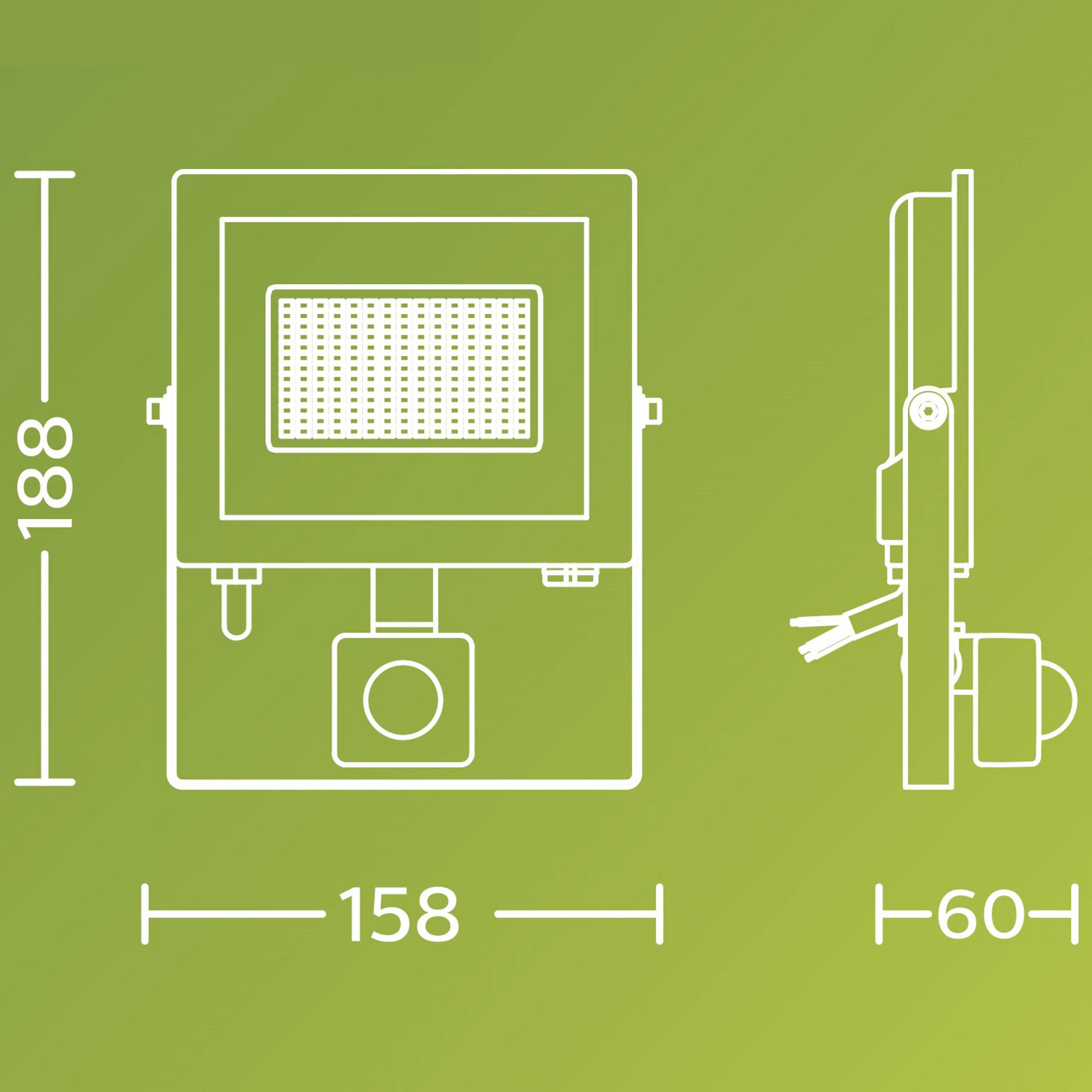 'Floodlight with motion sensor' in frontal and side view. Front view shows dimensions: height 188 mm, width 158 mm, depth 60 mm.