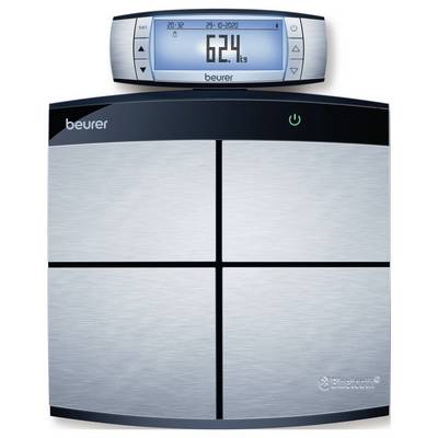 Digital bathroom scales with LCD display at the top, showing weight '62.4 kg'. Elegant, modern design with a silver surface.
