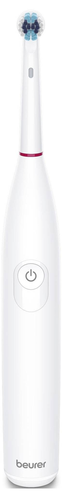 Electric toothbrush with a sleek, white design and round brush head. Features an on/off button and a small LED display.