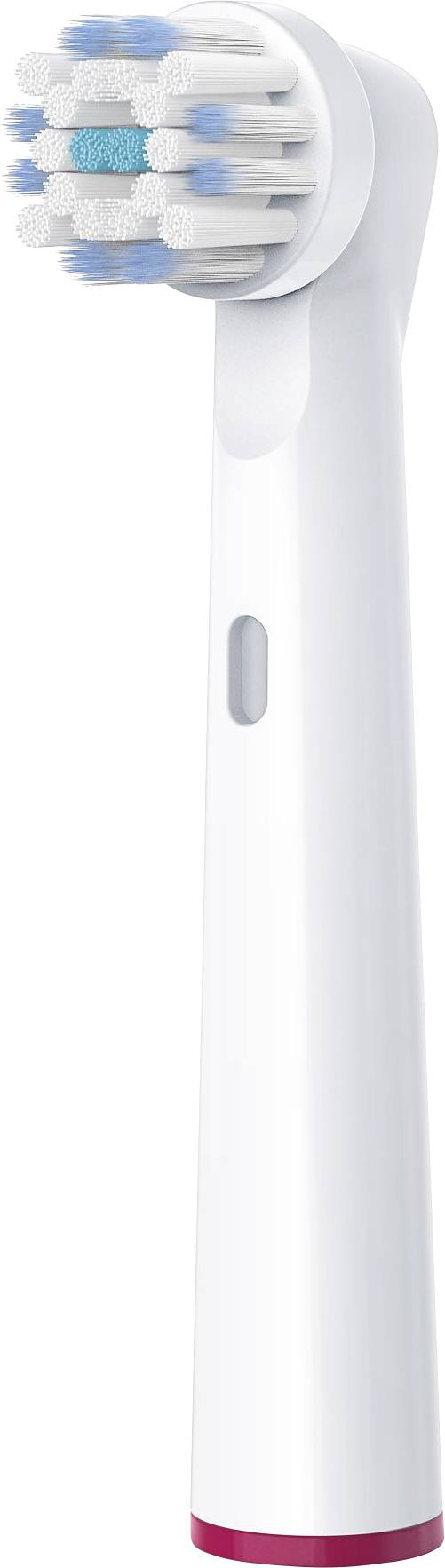 A white electric toothbrush head with blue and white bristles and a red ring at the base.