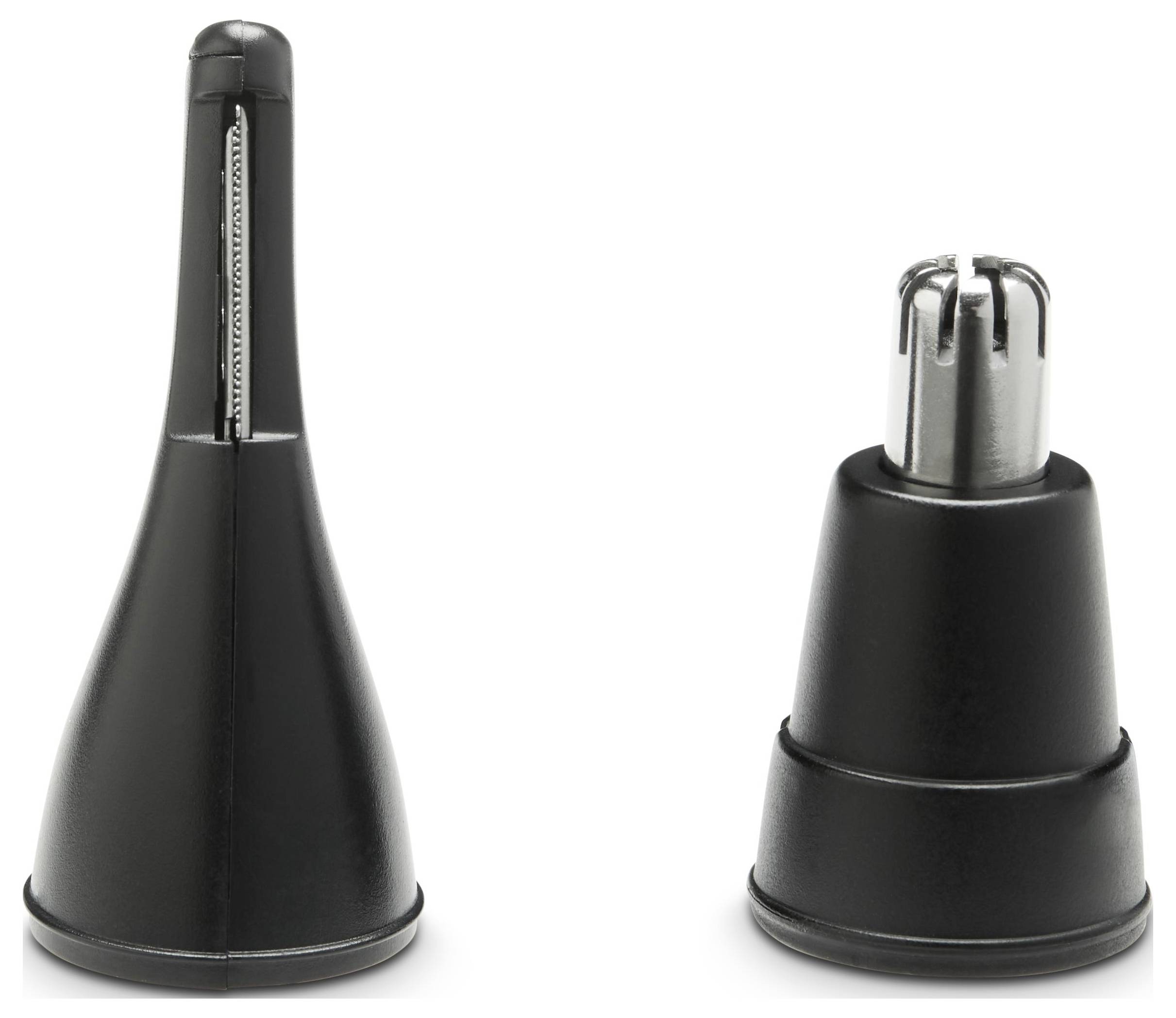 'Two black nose trimmer attachments, one with a visible blade, the other closed. Used for removing hair from the nose.'