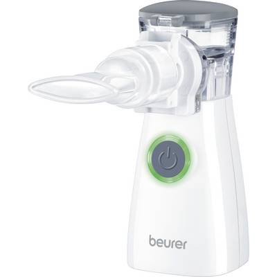 A portable inhaler with a mouthpiece, white body and green illuminated on/off switch; brand 'beurer'. Ideal for respiratory therapy.