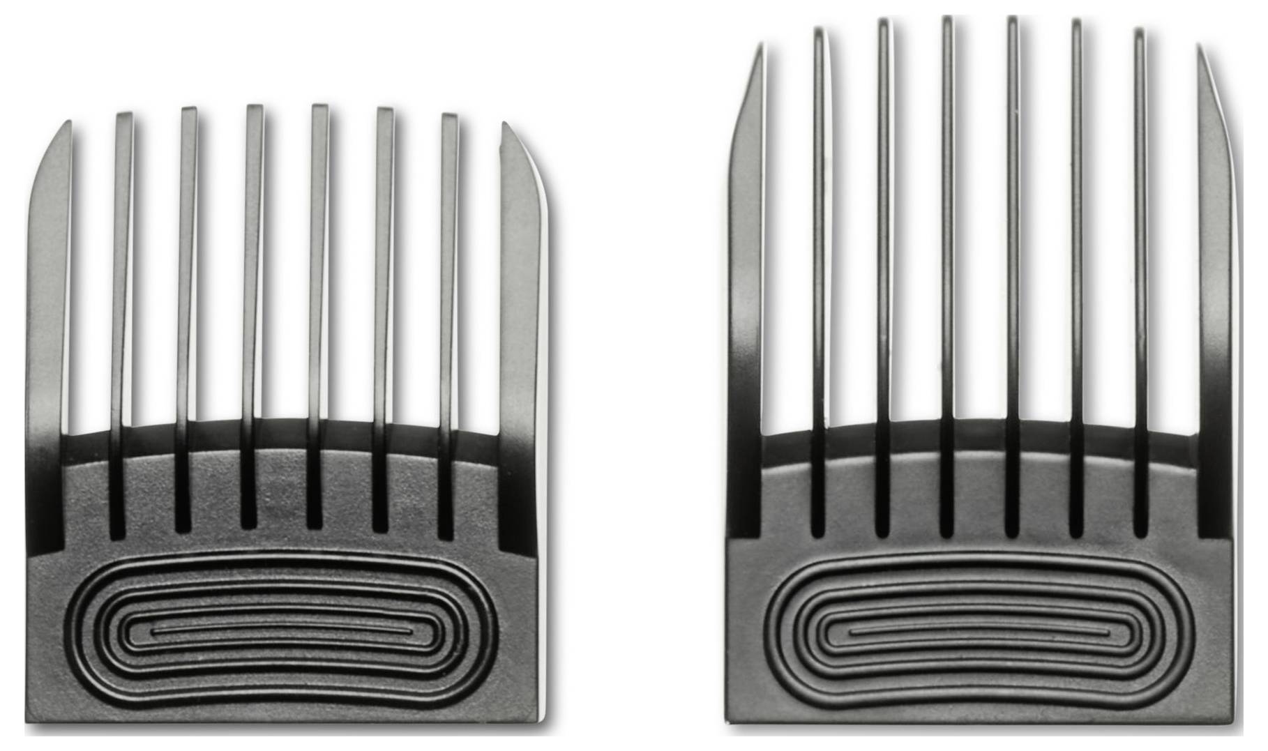 Two black clipper guards for a hair clipper, of different sizes, show the tooth arrangement for adjusting hair length.