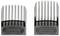 Two black clipper guards for a hair clipper, of different sizes, show the tooth arrangement for adjusting hair length.