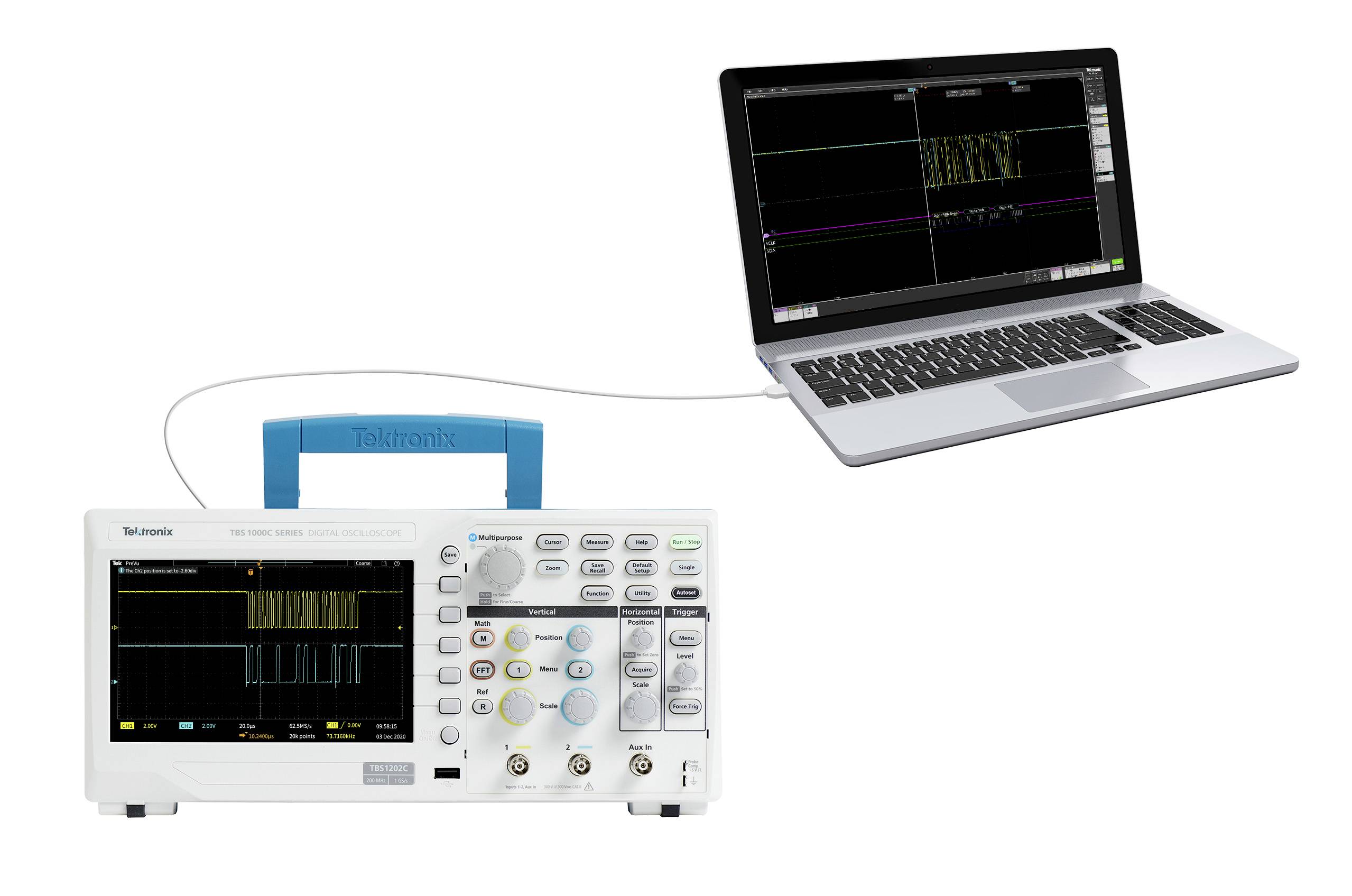 An oscilloscope connected to a laptop. Both screens display identical signal waves for analysis.