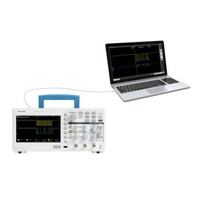 An oscilloscope connected to a laptop. Both screens display identical signal waves for analysis.