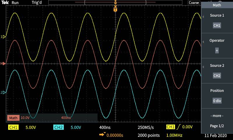 'Oscilloscope display shows two wave signals, CH1 in Yellow and CH2 in Blue, both at 5.00V. Timebase 400ns. Math channel active.'