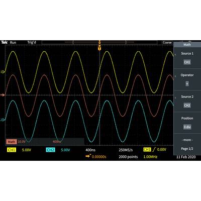 'Oscilloscope display shows two wave signals, CH1 in Yellow and CH2 in Blue, both at 5.00V. Timebase 400ns. Math channel active.'