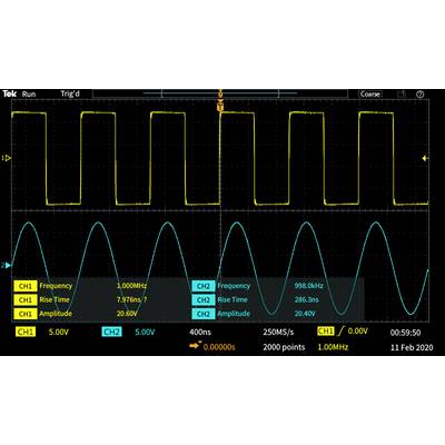 The image shows an oscilloscope with two channels. Channel 1 displays a rectangular signal, Channel 2 a sine signal. The frequencies are 1 kHz and 998 kHz respectively.