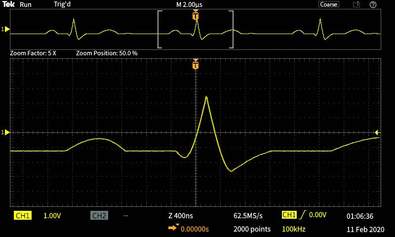 Oscilloscope displays signal progression: Main signal has a steep rise, followed by two smaller waves. Axes show time and voltage.