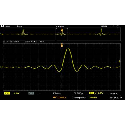Oscilloscope image shows a yellow sine wave with a peak and decreasing amplitude, horizontally and vertically scaled in microseconds and volts.