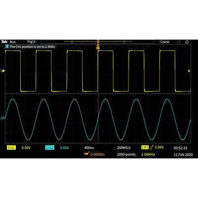 Oscilloscope display: Yellow rectangular pulse at the top, blue sine wave below. Shows two signals with different frequencies.
