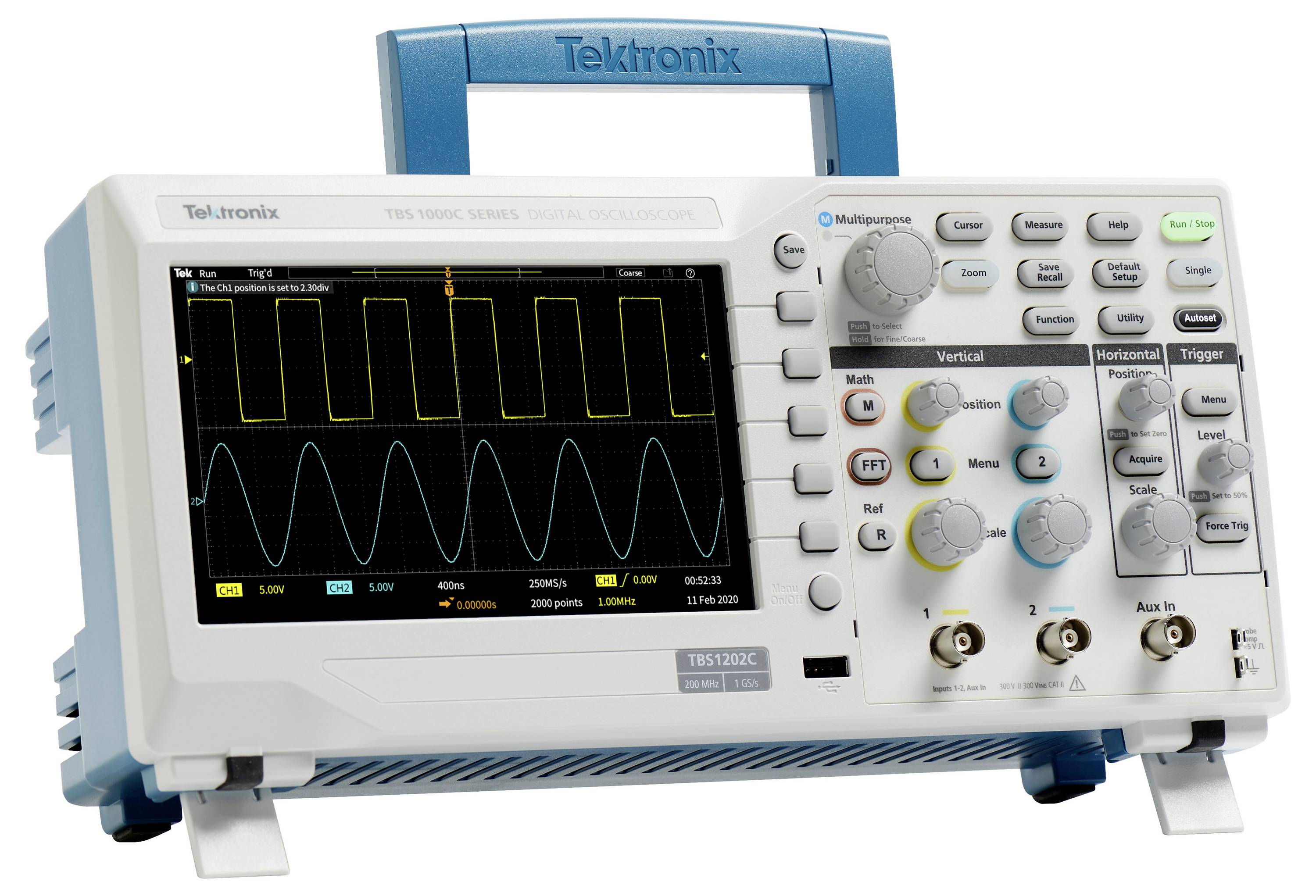 Digital oscilloscope with graphical display showing rectangular and sine waves. Controls and connectors on the right-hand side.
