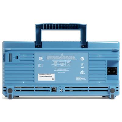 Back of a blue portable device with a handle and ventilation slots, showing a label with specifications and safety information.