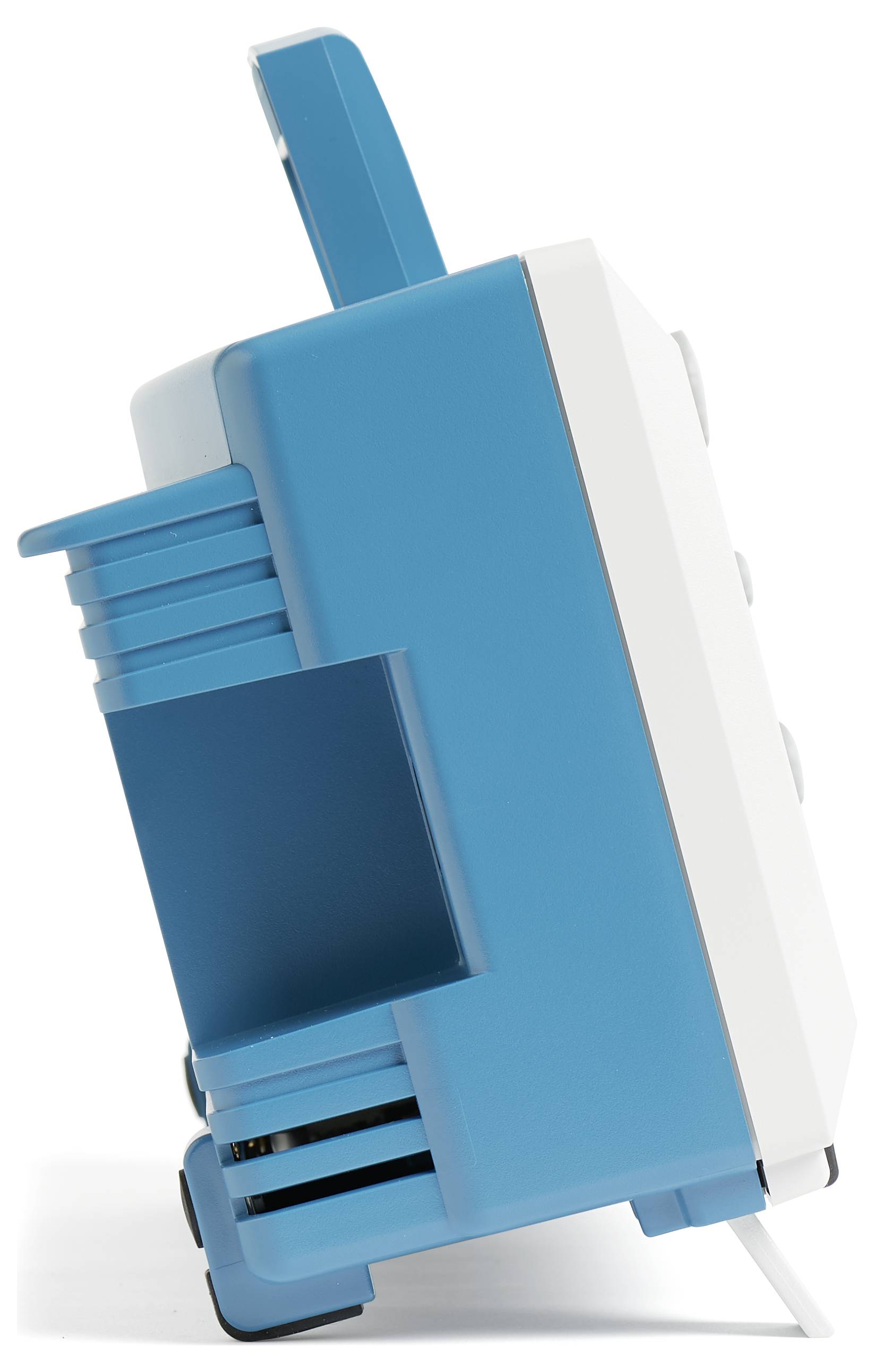 The image depicts a blue and white electrical device viewed from the side with a handle at the top.