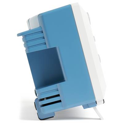 A blue and white electronic device viewed from the side.