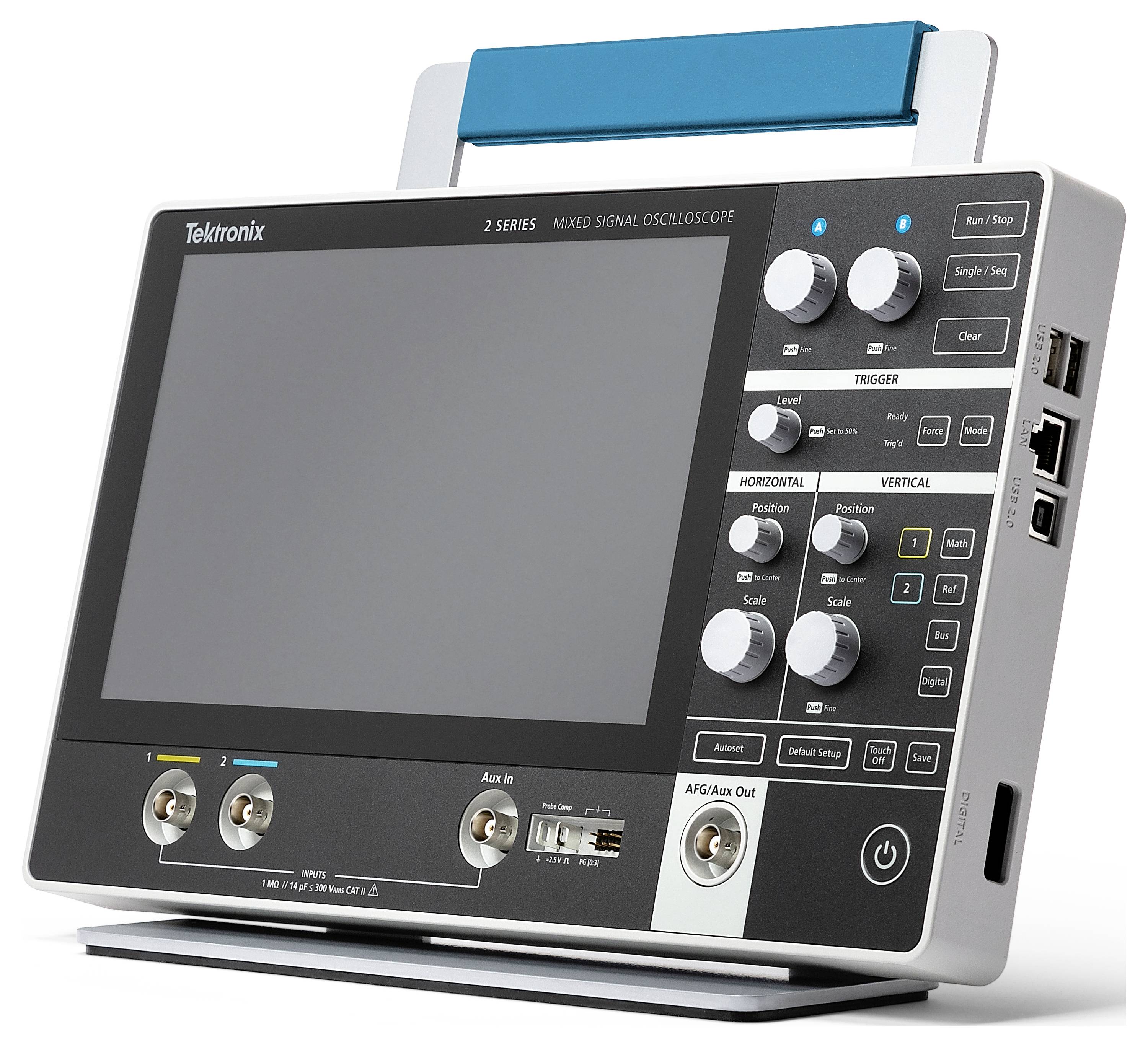 Oscilloscope with a large display, multiple control elements and connectors on the front panel. Model indicated on the top surface.