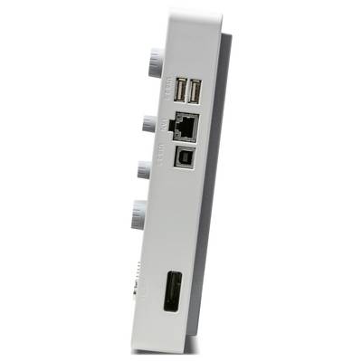 'Back of an audio device with rotary controls and various connections, including USB and network cable ports.'