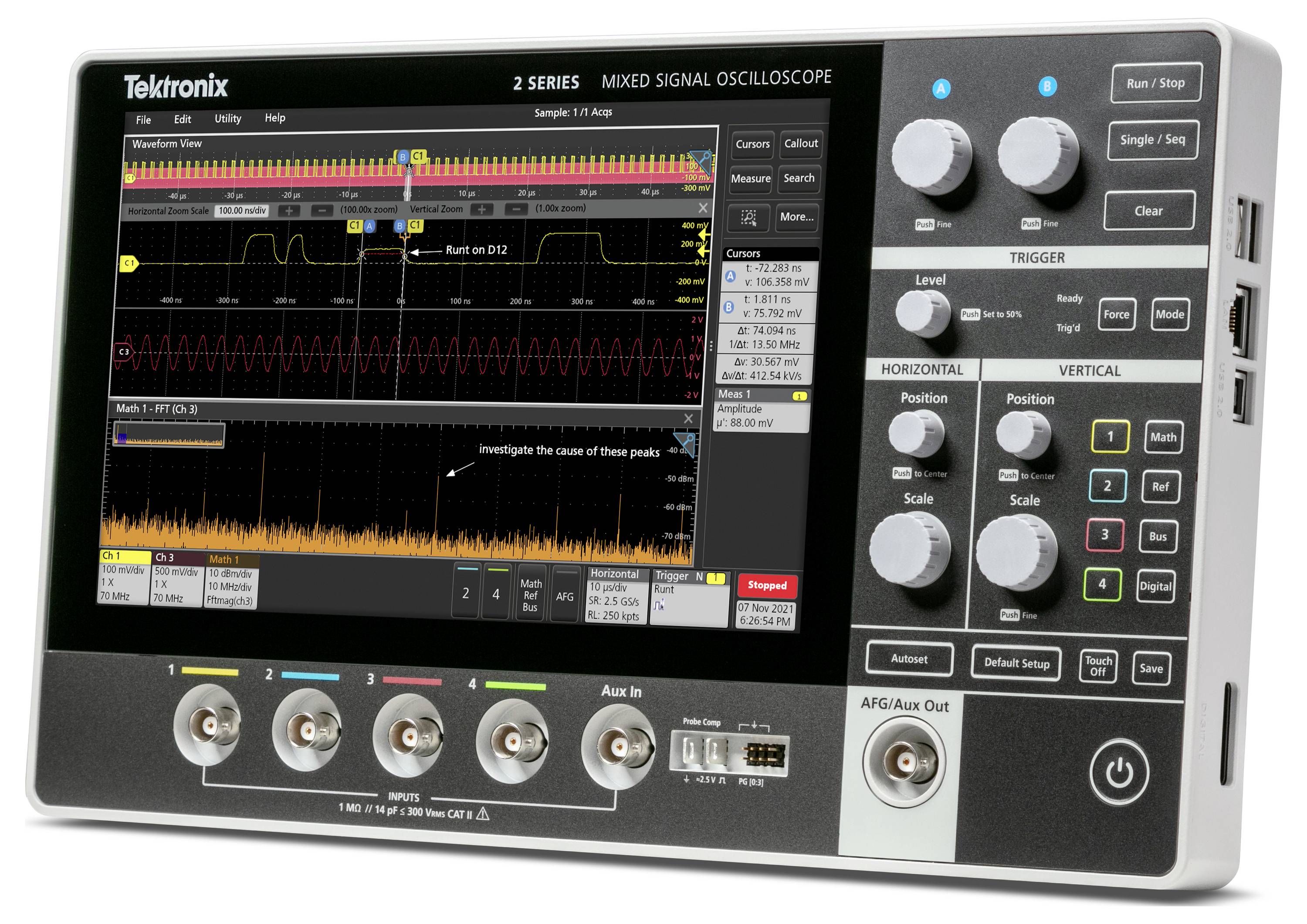 A multi-waveform oscilloscope displayed on the screen, with controls on the side, used for analysing electrical signals.