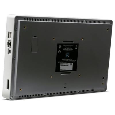 Rear view of an electronic device with multiple ports and a nameplate in the centre.<br><br>Note: This translation was done into British English, using British spelling conventions such as "centre" instead of the American "center".