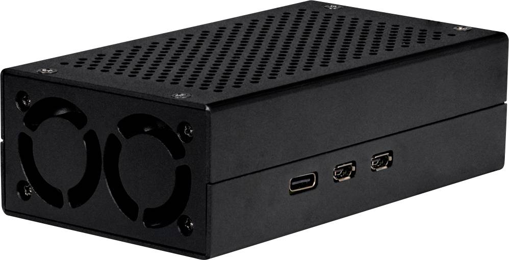 A black, rectangular metal enclosure with ventilation slots on top; two fans and three different ports are located on the side.