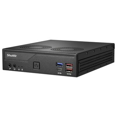 Black mini PC with the 'Shuttle' label on the front. It has connections for USB, audio, and a power switch.