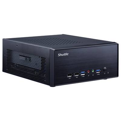 A black mini PC with 'Shuttle' written on the front. It features multiple USB ports and audio connections.