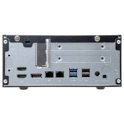 A silver-coloured computer with multiple ports on the back, including HDMI, USB, Ethernet, and power connection.