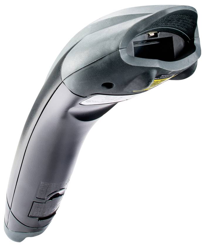 A black handheld scanner with an ergonomic design, used for scanning barcodes.