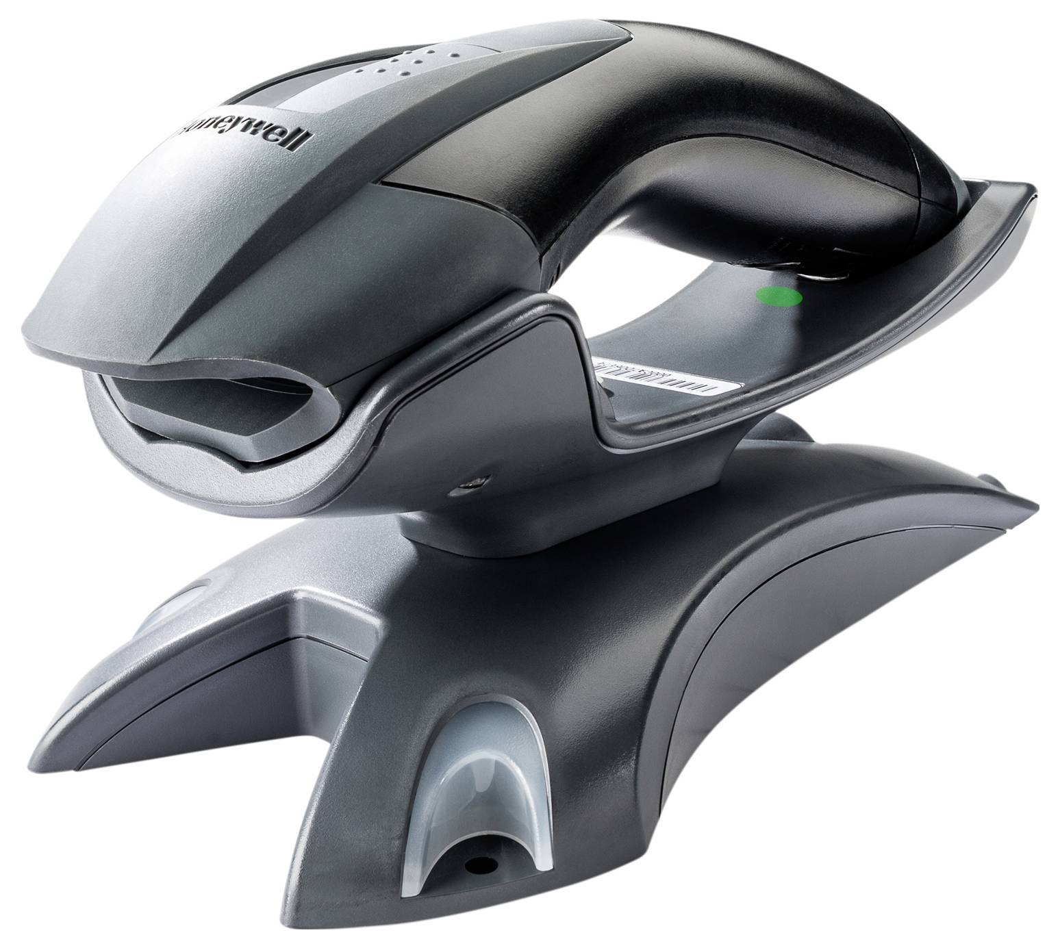 A barcode scanner with charging dock, designed for rapid code scanning in retail or warehouse environments.