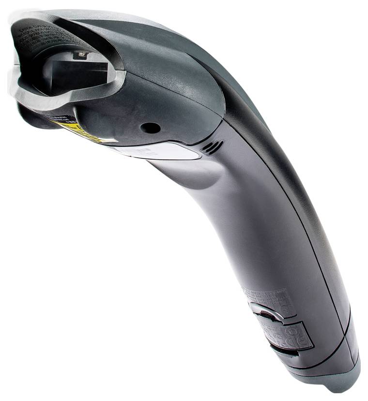 A grey handheld scanner with an ergonomic grip, suitable for scanning barcodes.