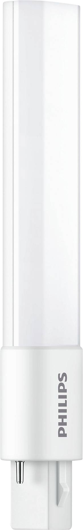 A white Philips LED lamp with a cylindrical shape and a two-pin base, vertically oriented.