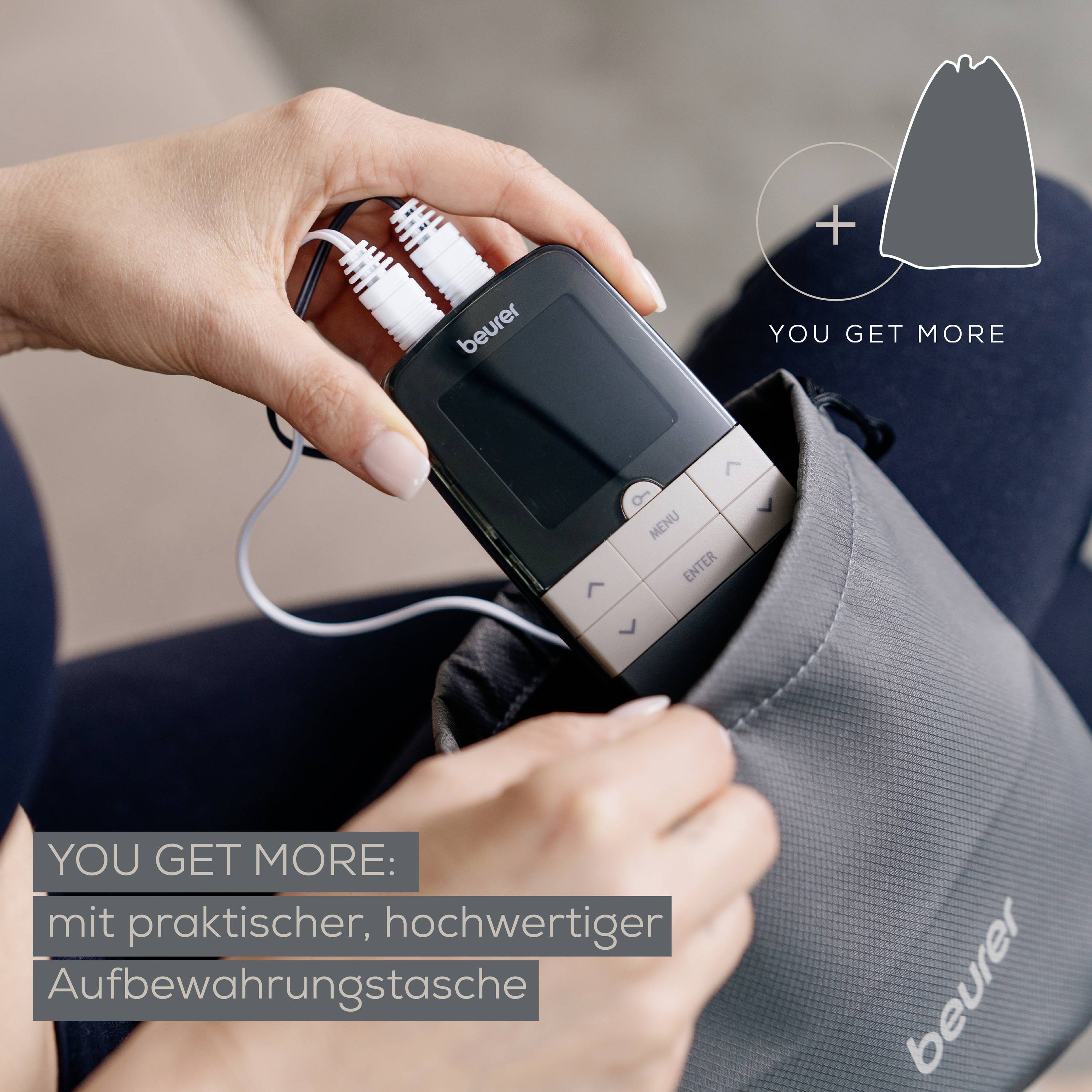 A hand holds a medical device with cables. Text on image: 'YOU GET MORE: with practical, high-quality storage bag'.