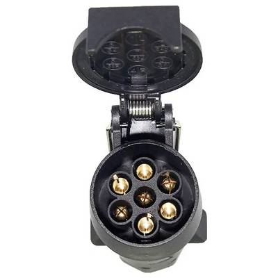 A black 7-pin trailer plug in an open state, showing the golden contacts inside.