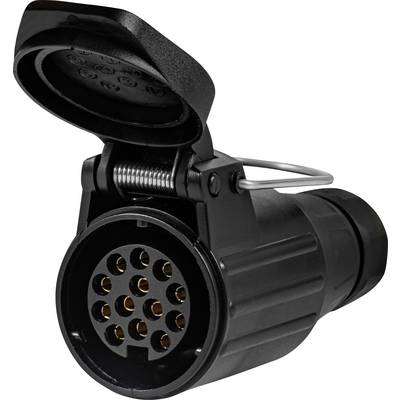 A black 13-pin trailer plug with an open cover, revealing the internal contacts, is viewed from the side.