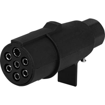 Black adaptor plug with multiple connection points, used for linking cable systems, particularly in vehicles.