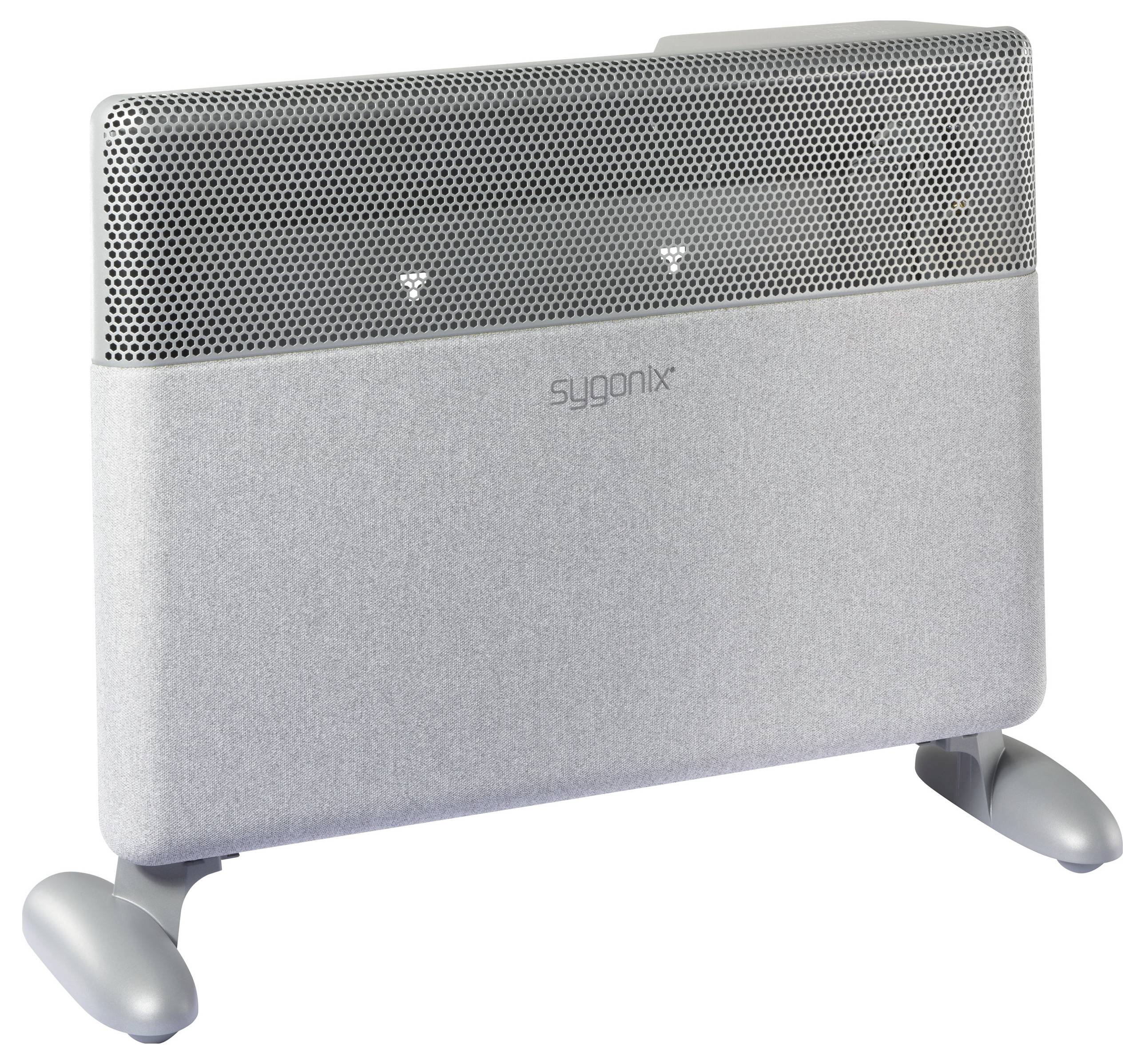 Electric radiator with contemporary design, silver-coloured, standing freely on floor supports. Ideal for quickly heating small rooms.