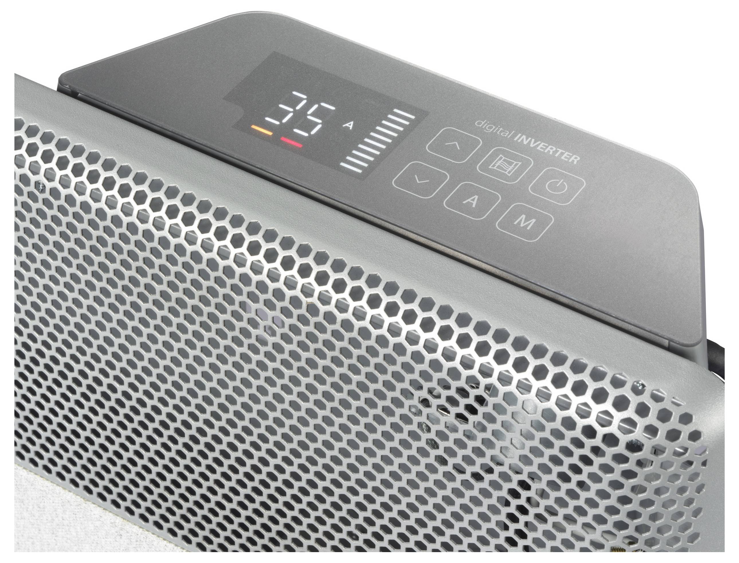 Close-up image of an electric heating device with a digital display, showing '35°C' and control buttons. The device design is modern and grey.