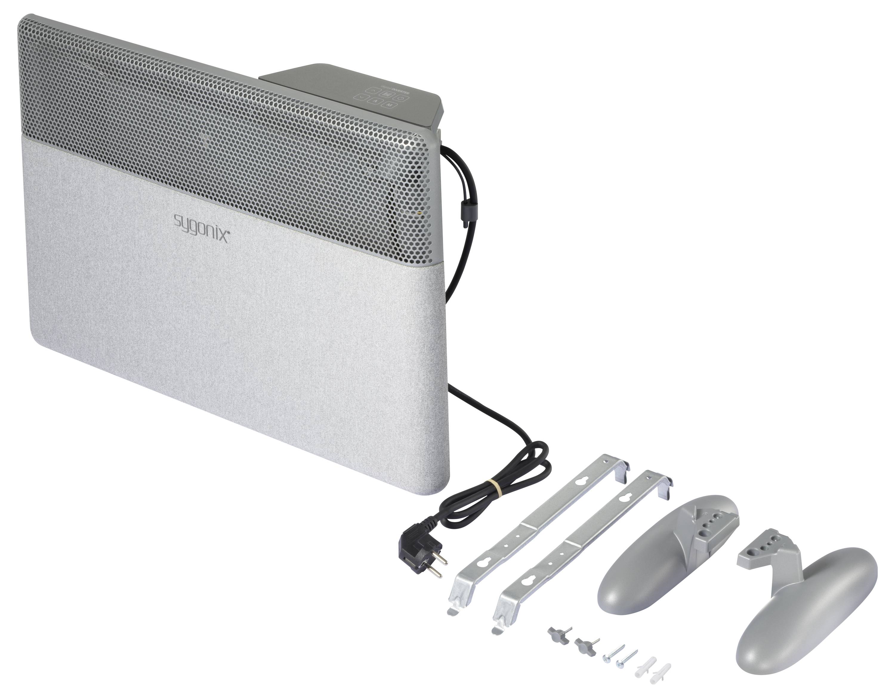 A flat wall-mounted radiator with a mains cable. Includes mounting brackets and installation materials.