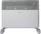 A white wall-mounted radiator with a grey grille and four sturdy legs.