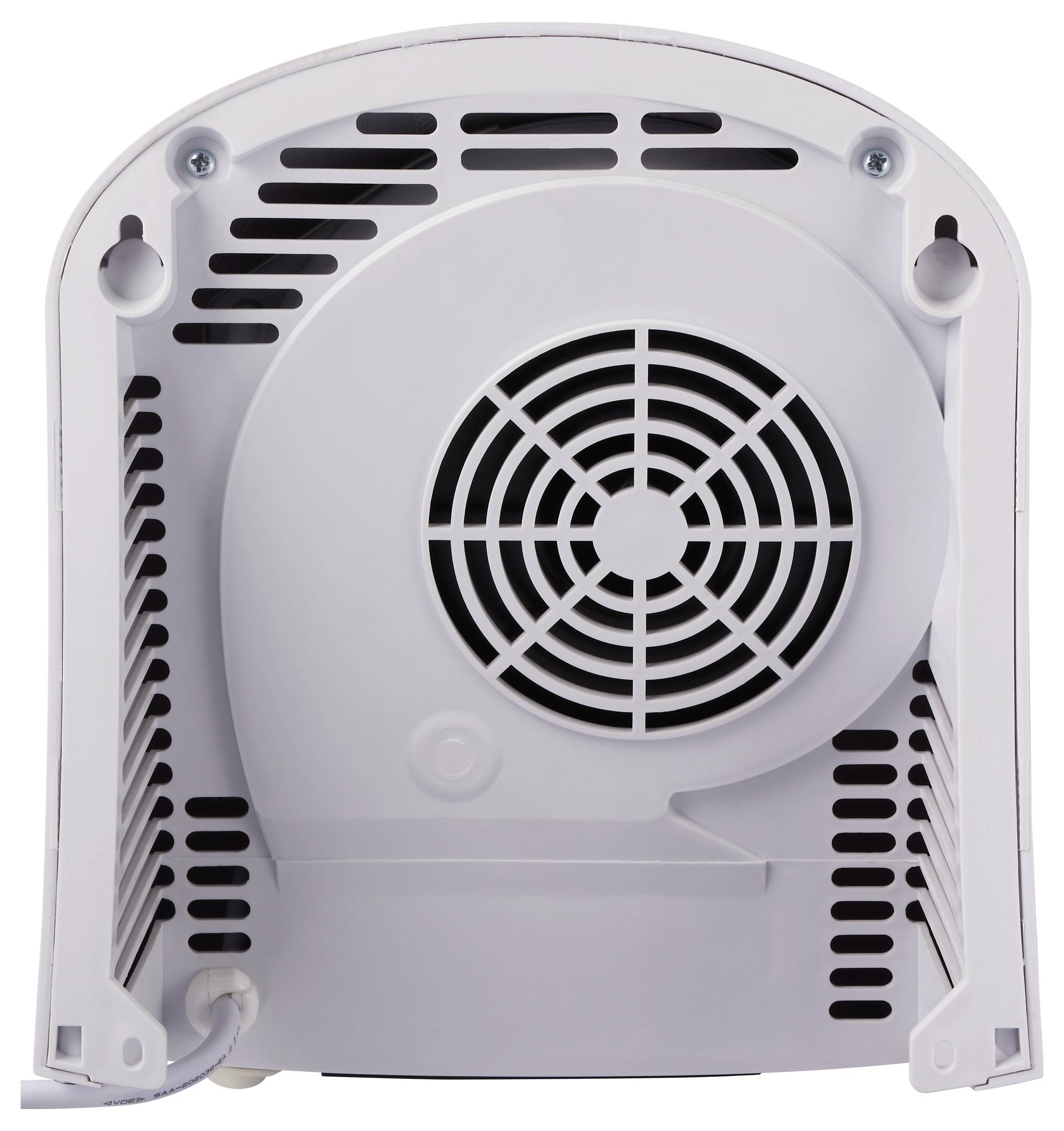 Back view of a white electric hand dryer, showing the air outlet vents and a circular grill cover.