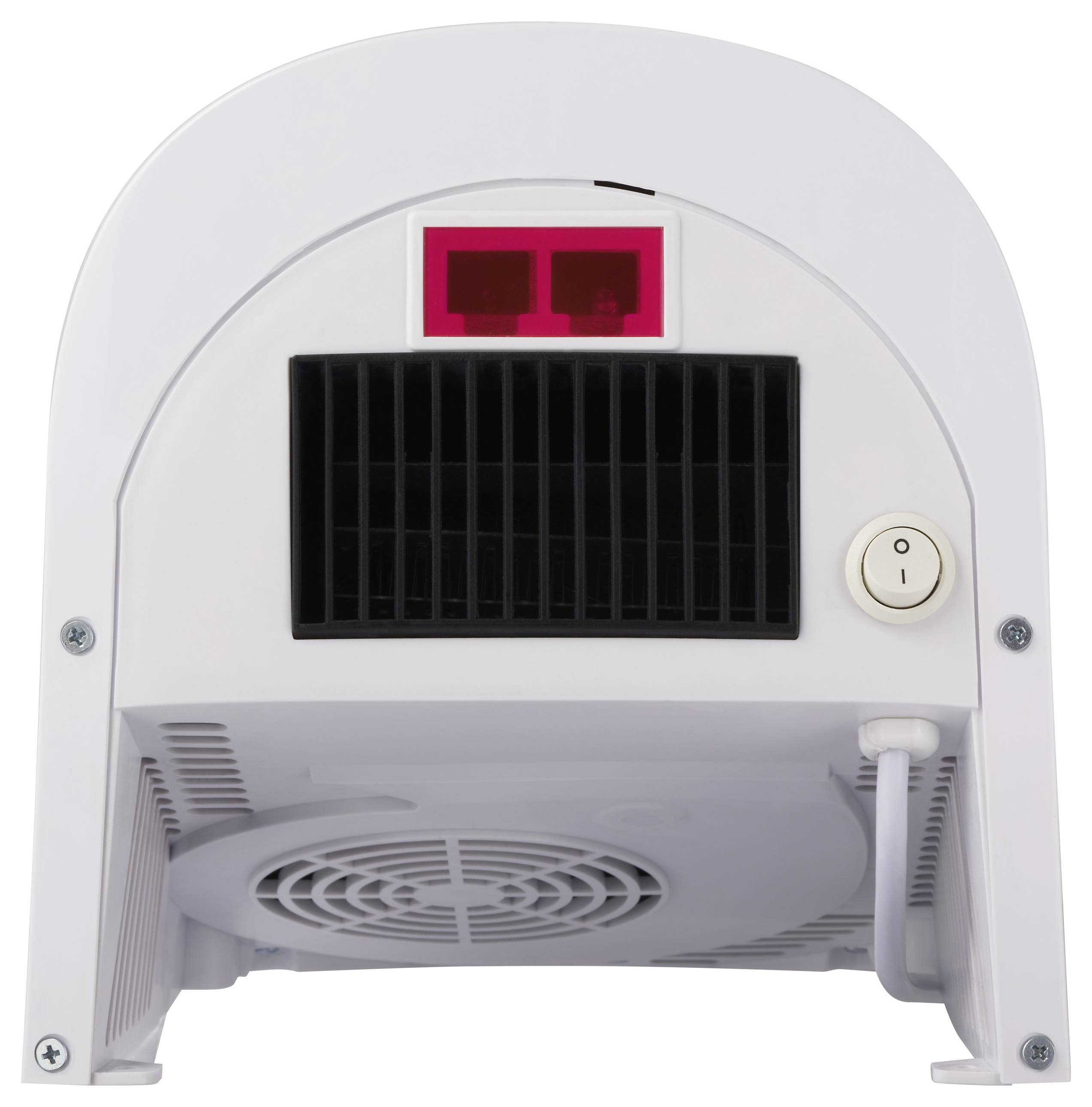 A close-up image of the back of a white device, showing a ventilation grille, red rectangular ports, a power switch, and an exhaust fan.