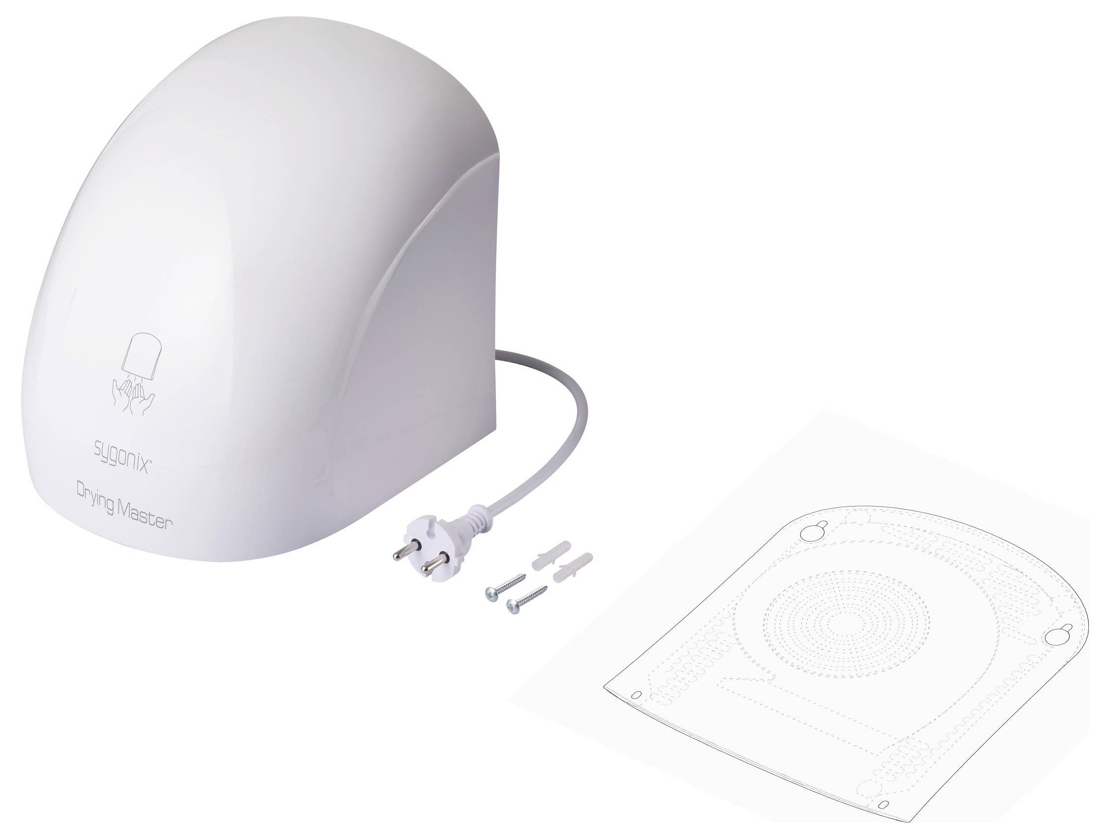 'A wall-mounted white hand dryer with a power cord and plug, accompanied by installation screws and a mounting template, labeled "Drying Master".'