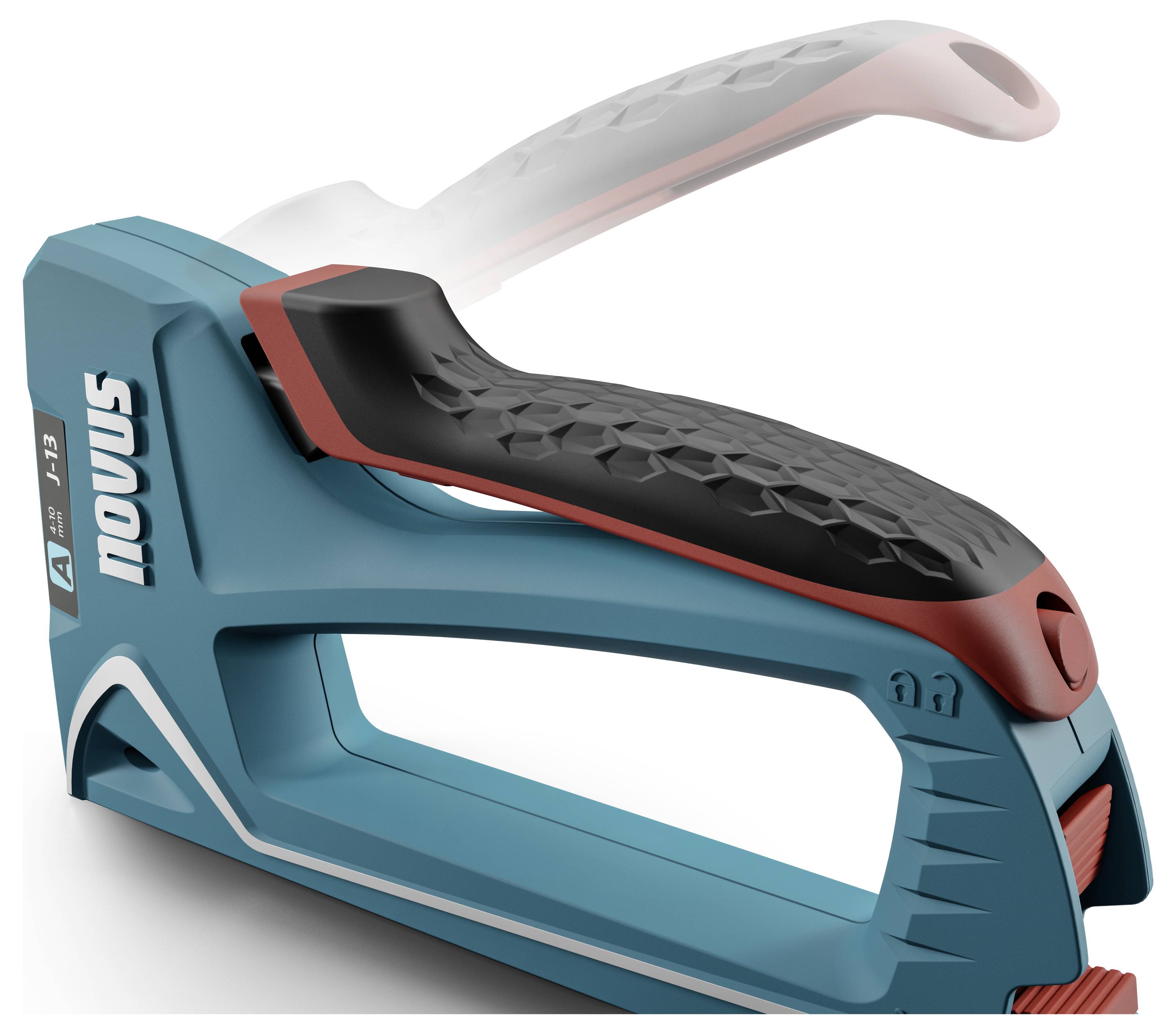 A blue and red hand-operated stapler in close-up, with an ergonomic handle for comfortable grip.