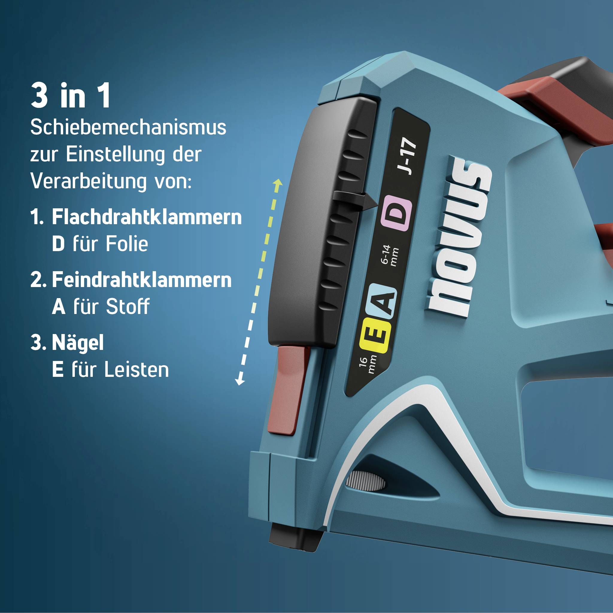 A stapler with the inscription 'Sliding mechanism for adjusting film processing', showing three options: Staples, Fine wire staples, and Nails.