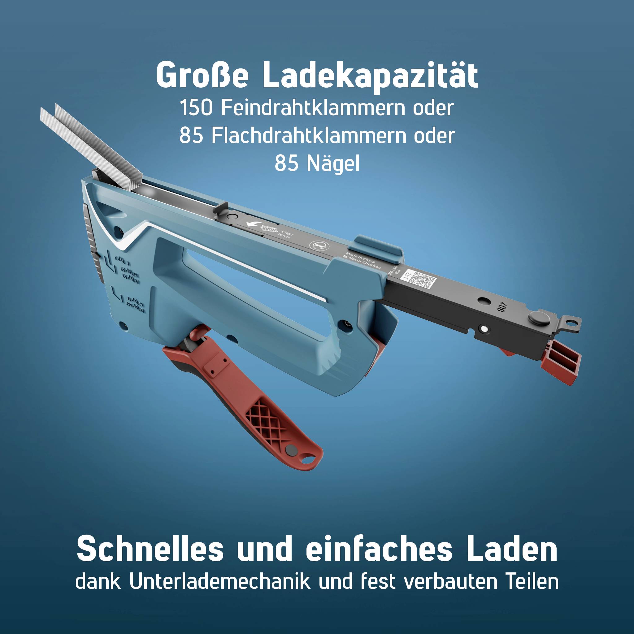 Large loading capacity: 150 fine wire staples or 85 flat wire staples or 85 nails. Quick and easy loading.