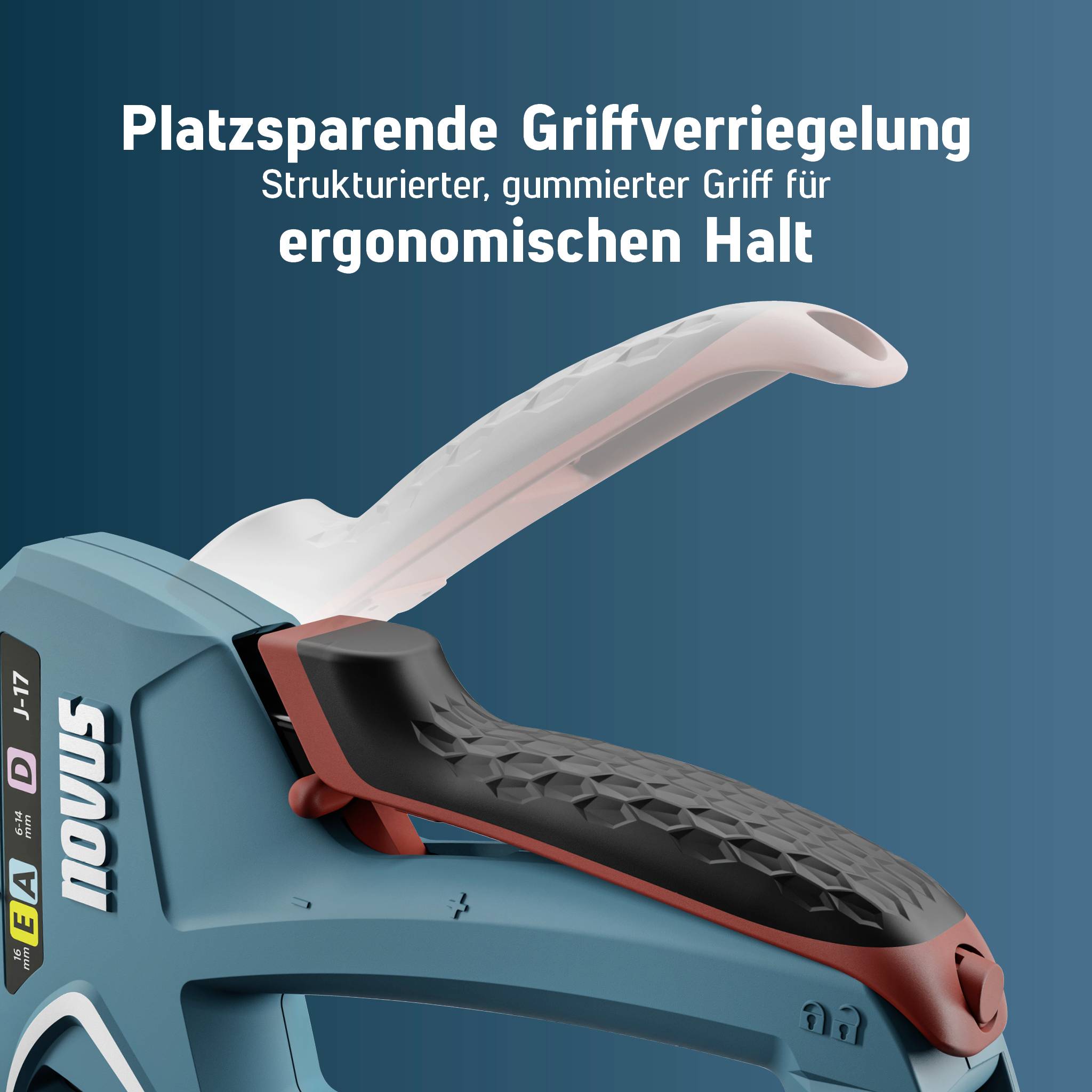 Hand stapler with an ergonomic, non-slip grip. Text on top: 'Space-saving grip lock for ergonomic hold'.