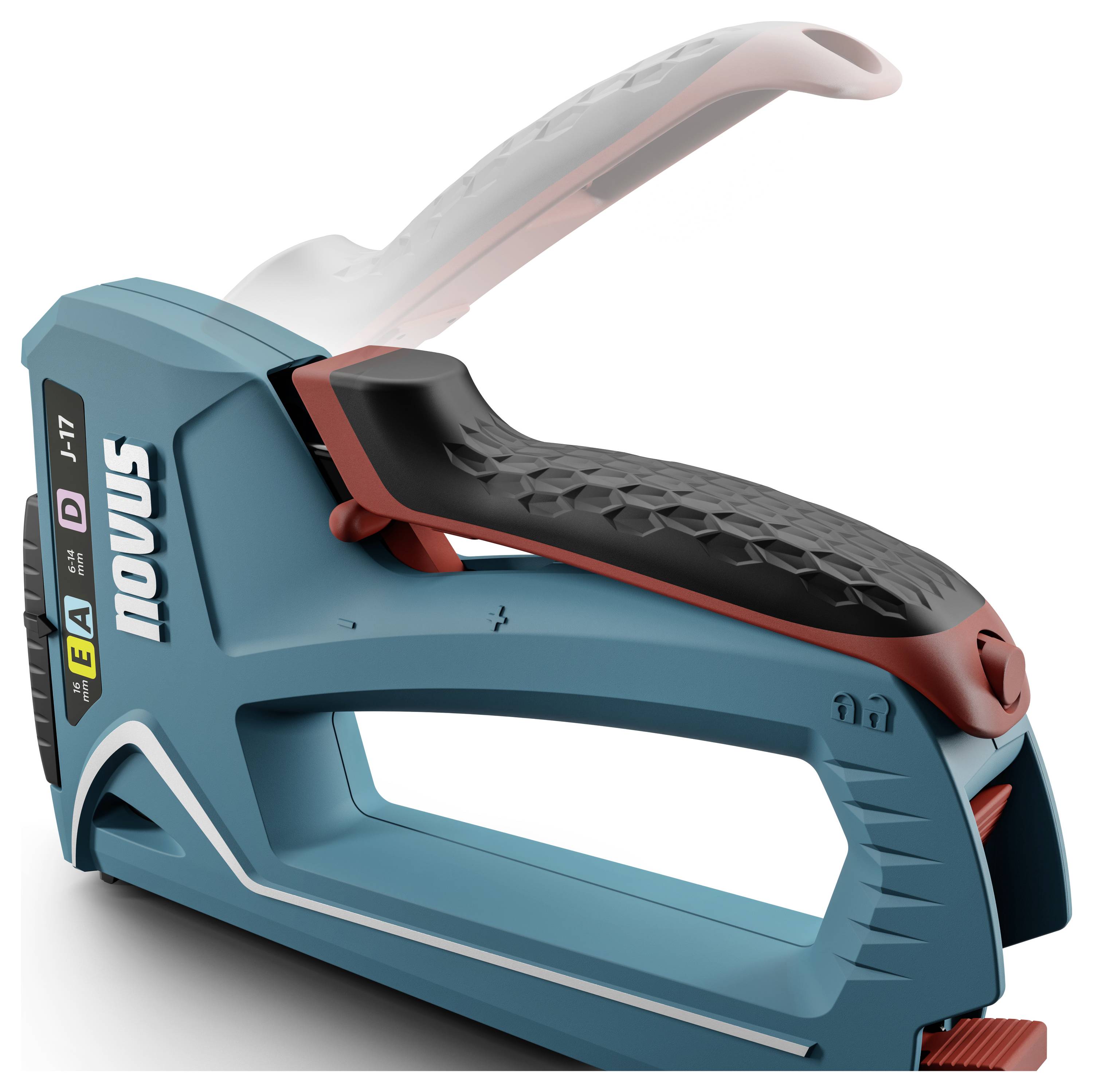 Hand stapler in blue and red, ergonomic design. Suitable for crafts and upholstery. Brand name 'novus' visible.