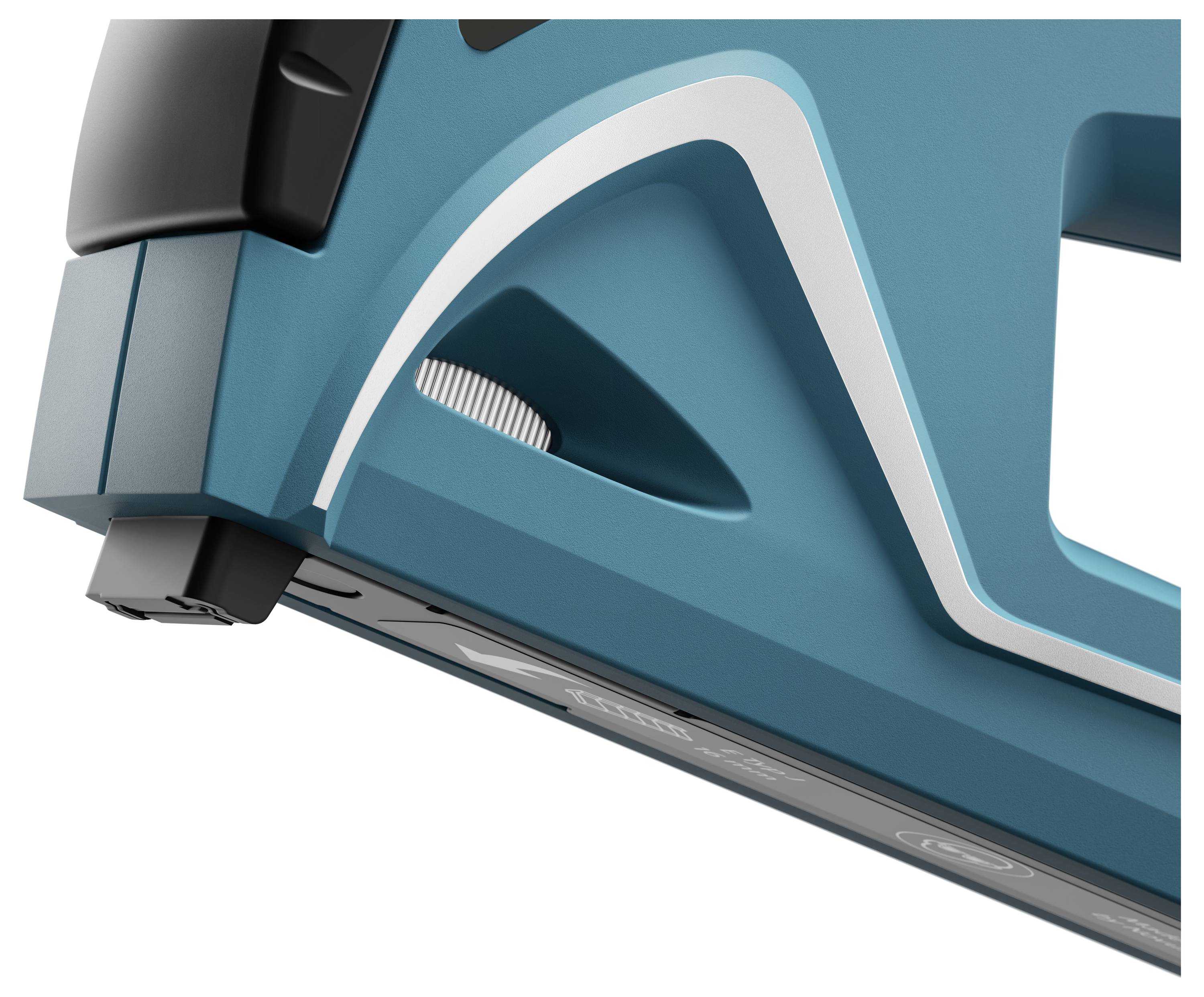 A turquoise, ergonomic electric tool with a white accent and an adjustable dial.